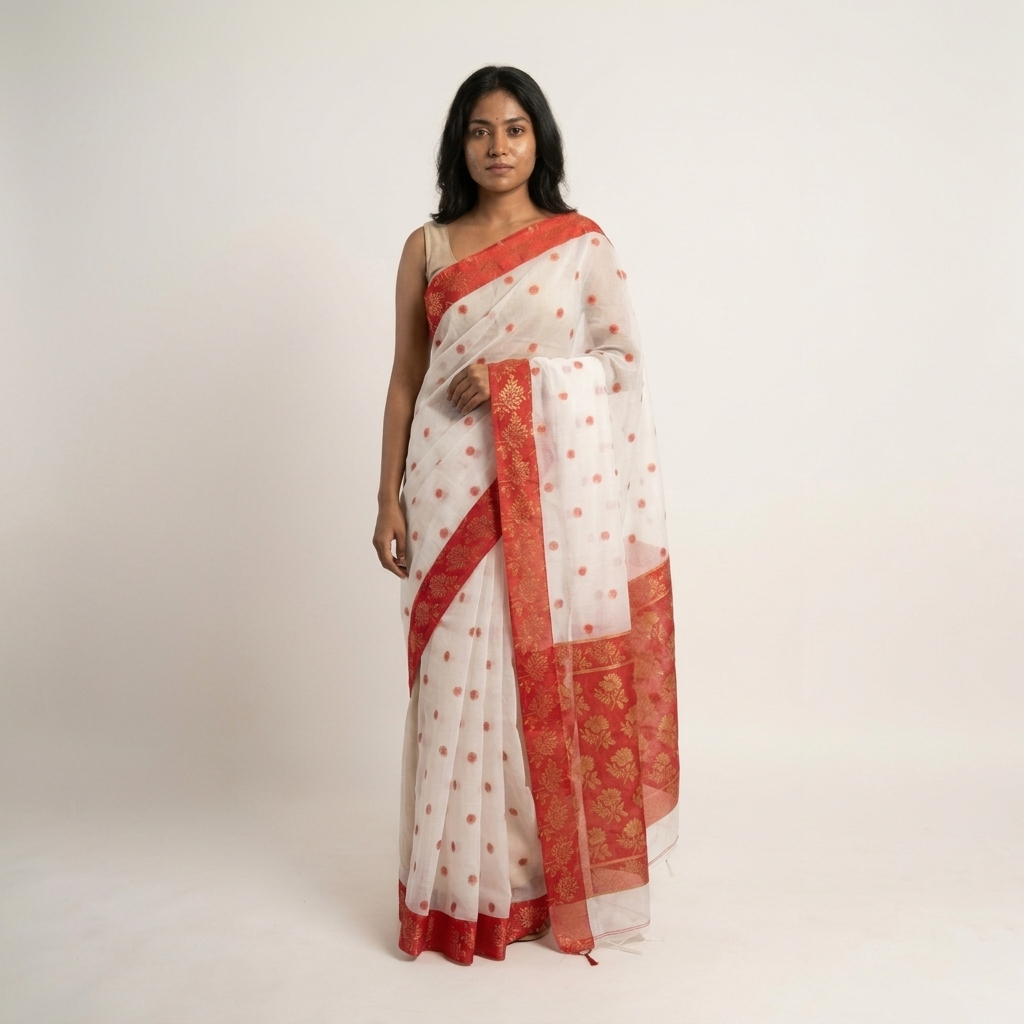 Elegant White Pure Cotton Tant Saree for Women